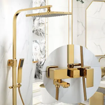 Gold Brass Shower Set Square Rainfall with Handhold Shower System Wall Mounted Bathroom Shower Set
Gold Brass Shower Set Square Rainfall with Handhold Shower System Wall Mounted Bathroom Shower Set