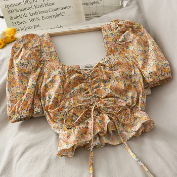 vintage square collar floral women blouse summer puff sleeved drawstring short high waist female pulls tops tees
vintage square collar floral women blouse summer puff sleeved drawstring short high waist female pulls tops tees