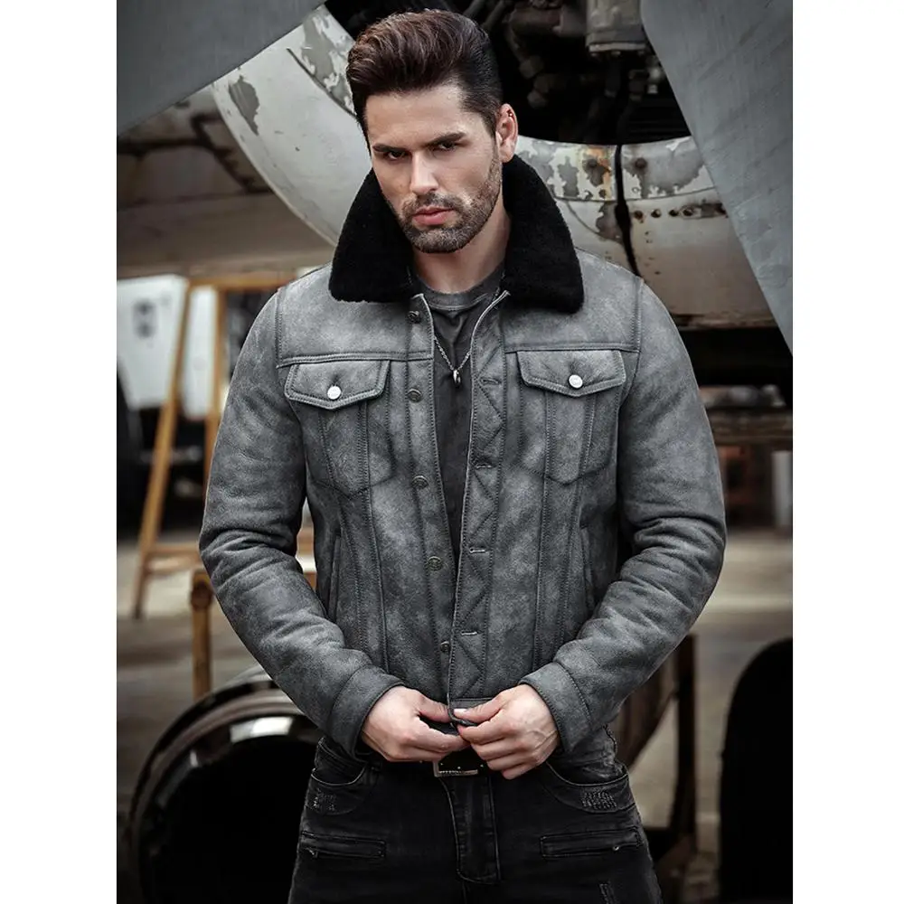 Mens Sheepskin Shearling Jacket B3 Flight Jacket Aviator Winter Coat Fur Bomber Leather Jacket Gray Denim Jacket
Mens Sheepskin Shearling Jacket B3 Flight Jacket Aviator Winter Coat Fur Bomber Leather Jacket Gray Denim Jacket
