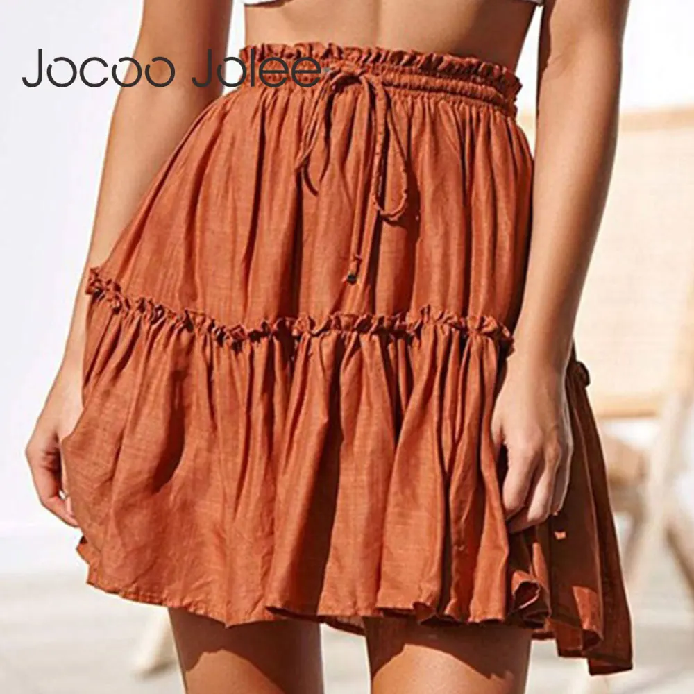 

Jocoo Jolee Summer Short Skirts Women Vintage Ruffled Mini Skirt with Sashes Casual Boho Pleated A Line Holiday Beach Wear
