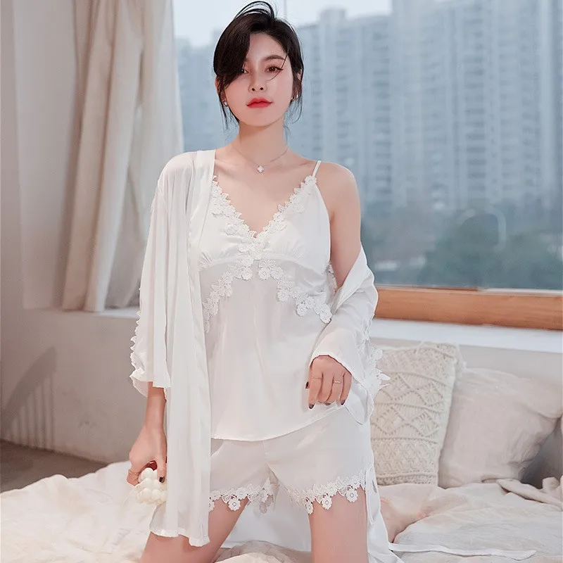 

New Women Sexy Pajamas Suit 3PCS Sleepwear Satin Kimono Bathrobe Gown Casual Nightgown Intimate Lingerie Silky Nightwear