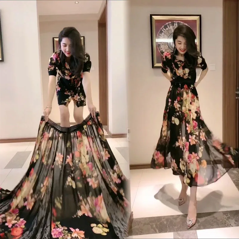 Timis Li Summer Chiffon Dress Detachable Beach Dress Vintage Ruffles Short Sleeve A-Line Party Dress Sundress Vestidos Plus Size