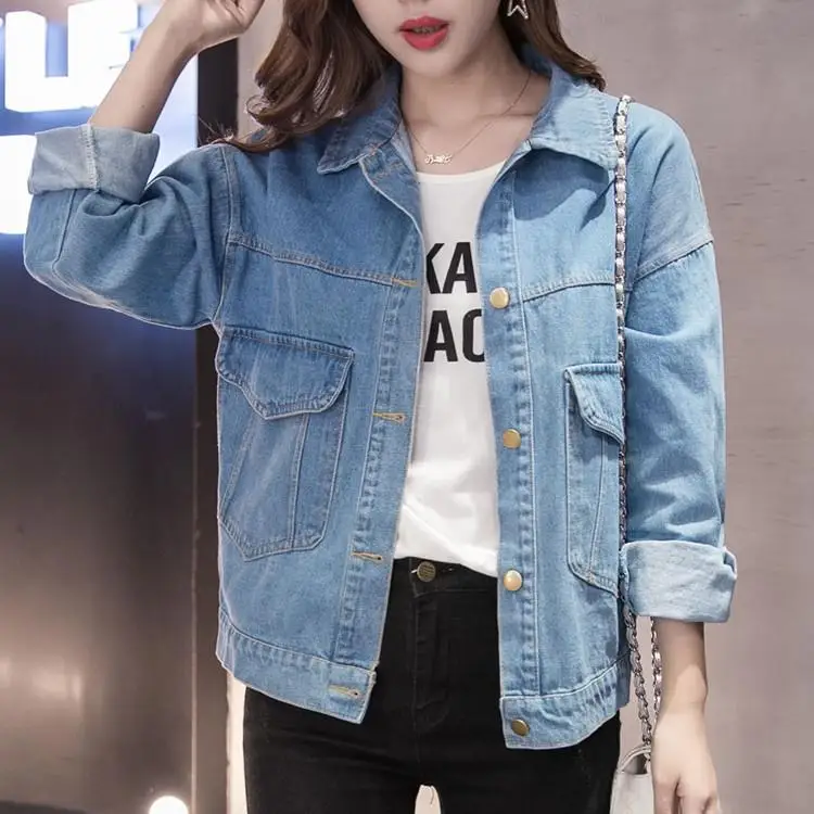 Фото Весна 2020 Корейская джинсовая свободная короткая куртка Женская Повседневная