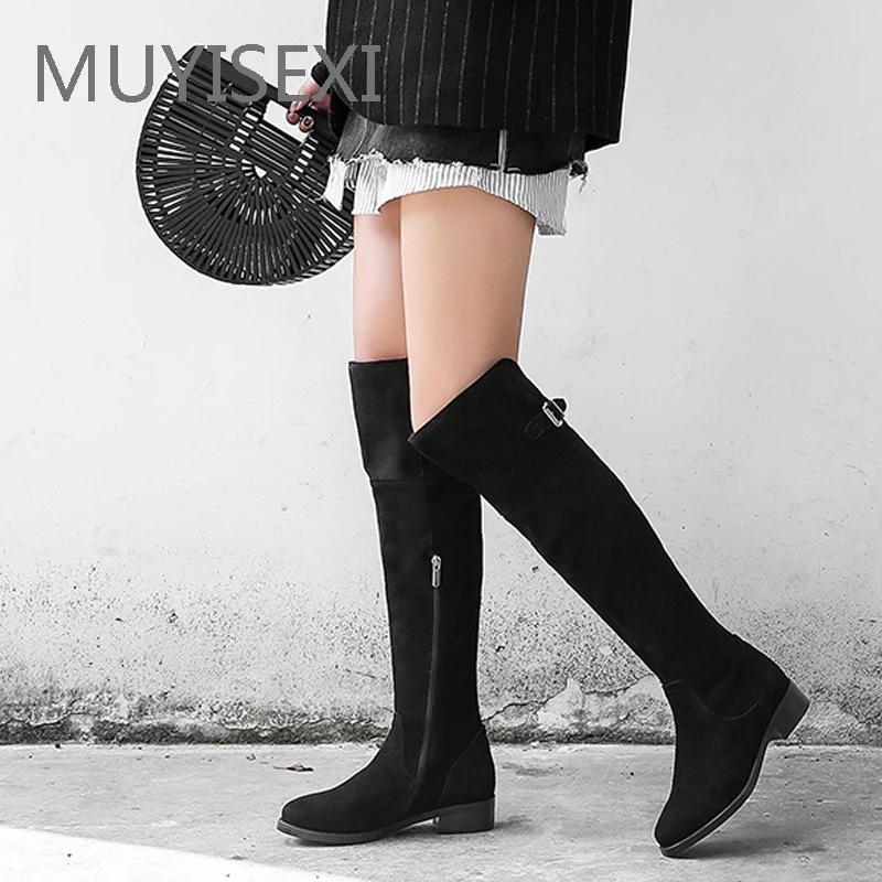 

Antiskid Casual Thigh High Boots Over the Knee Black Women Cow Full Real Suede Leather Low Heel Knee High Winter LDI03 MUYISEXI