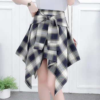 

shintimes Irregular Lace-Up Skirts Women Clothing Sexy Mini Skirt High Waist Elastic Waist Plaid Skirt Summer 2020 Jupe Femme