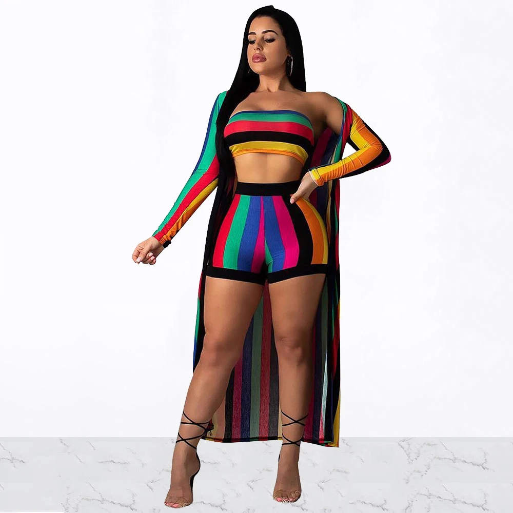 Multi Color Striped Casual 3 Piece Set Women Strapless Off Shoulder Crop Top Mini Shorts With Full Sleeve Long Outwear Cloak
Multi Color Striped Casual 3 Piece Set Women Strapless Off Shoulder Crop Top Mini Shorts With Full Sleeve Long Outwear Cloak