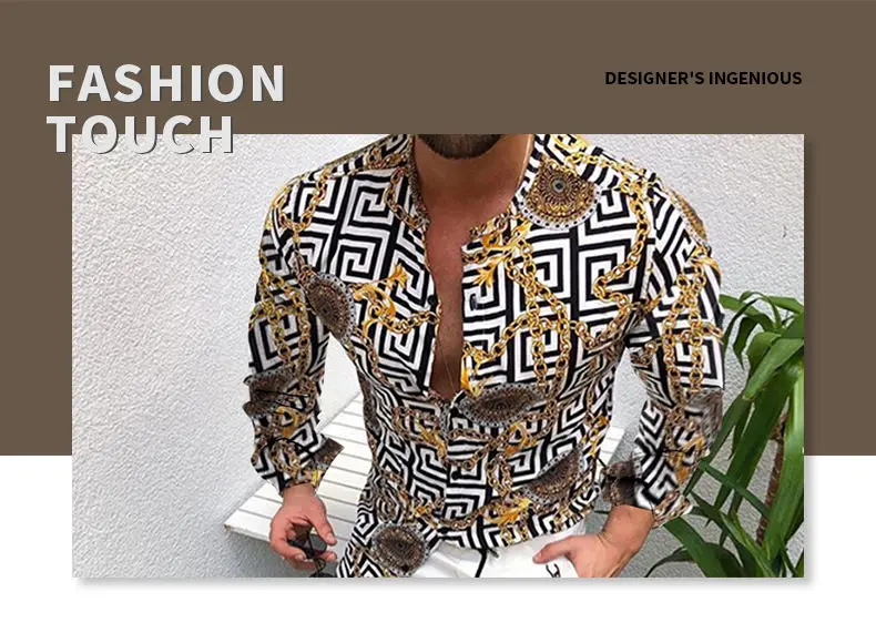 Autumn New Men Vintage Oversized Shirt Ethnic Printed Stand Collar Long Sleeve Shirts Hawaiian Striped Shirt Mens Moda Hombre