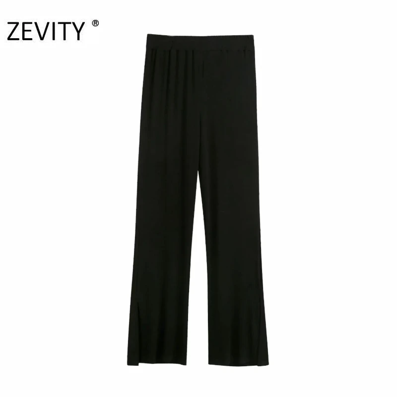 ZEVITY New Women fashion solid color pleats knitting straight pants female elastic waist slim Trousers chic hem split pants P936