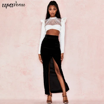 Cryptographic Ruffle Sleeve Gauze Perspective Top Crop Sexy Women'S White Cropped Top + Black Velvet Split Skirt Set 2020 New 
Cryptographic Ruffle Sleeve Gauze Perspective Top Crop Sexy Women'S White Cropped Top + Black Velvet Split Skirt Set 2020 New
