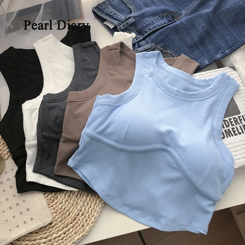 

Pearl Diary With Breast Pad Vest Woman Clothes Korean Style Almighty Collocation Close Fitting Round-Neck Sport Vest Top Women