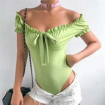 

Fashion Cotton Blend Sexy Bodysuits Women Solid Puff Sleeves Summer Slim Rompers Womens Jumpsuit Basic Playsuit Womens Tops