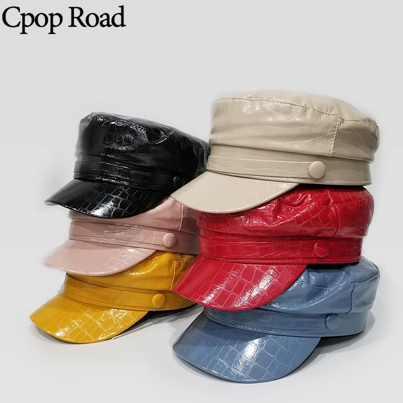 Cpop 6 Colors PU Leather Polyester Military Hats High Quality Female Solid Color New Fashion Casual Personality Women Winter Hat |