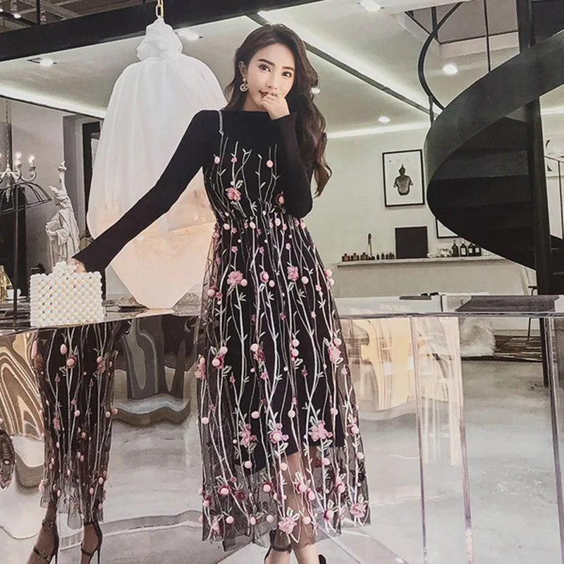 Knitted Dress 2 Piece Set Autumn New Solid Black Sweater Dress and Hairball Appliques Floral embroidery Mesh Sling Dress Sets
Knitted Dress 2 Piece Set Autumn New Solid Black Sweater Dress and Hairball Appliques Floral embroidery Mesh Sling Dress Sets