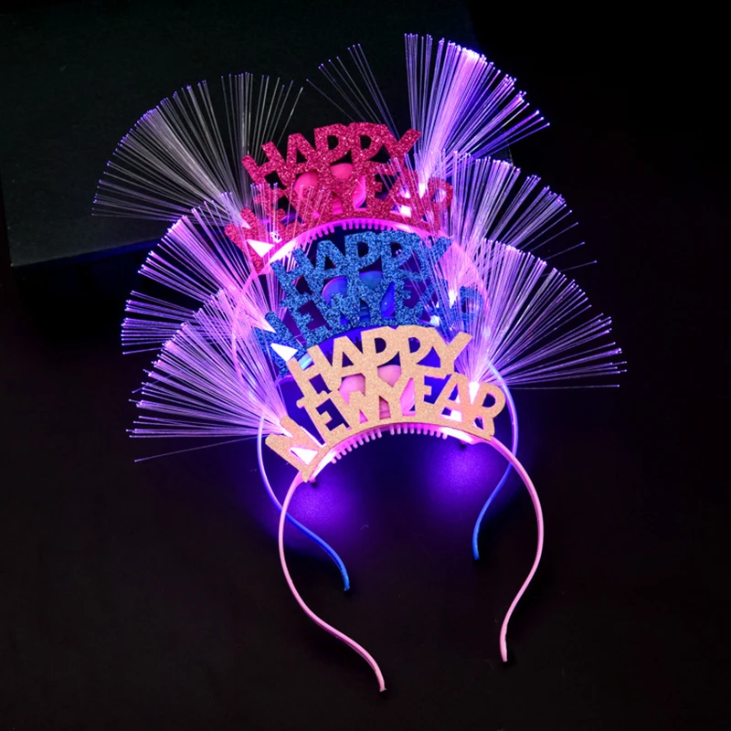 

Women Girls Lovely LED Fiber Optic Ear Hair Hoop Glitter Happy New Year Letters Applique Flashing Light Headband Christmas Party