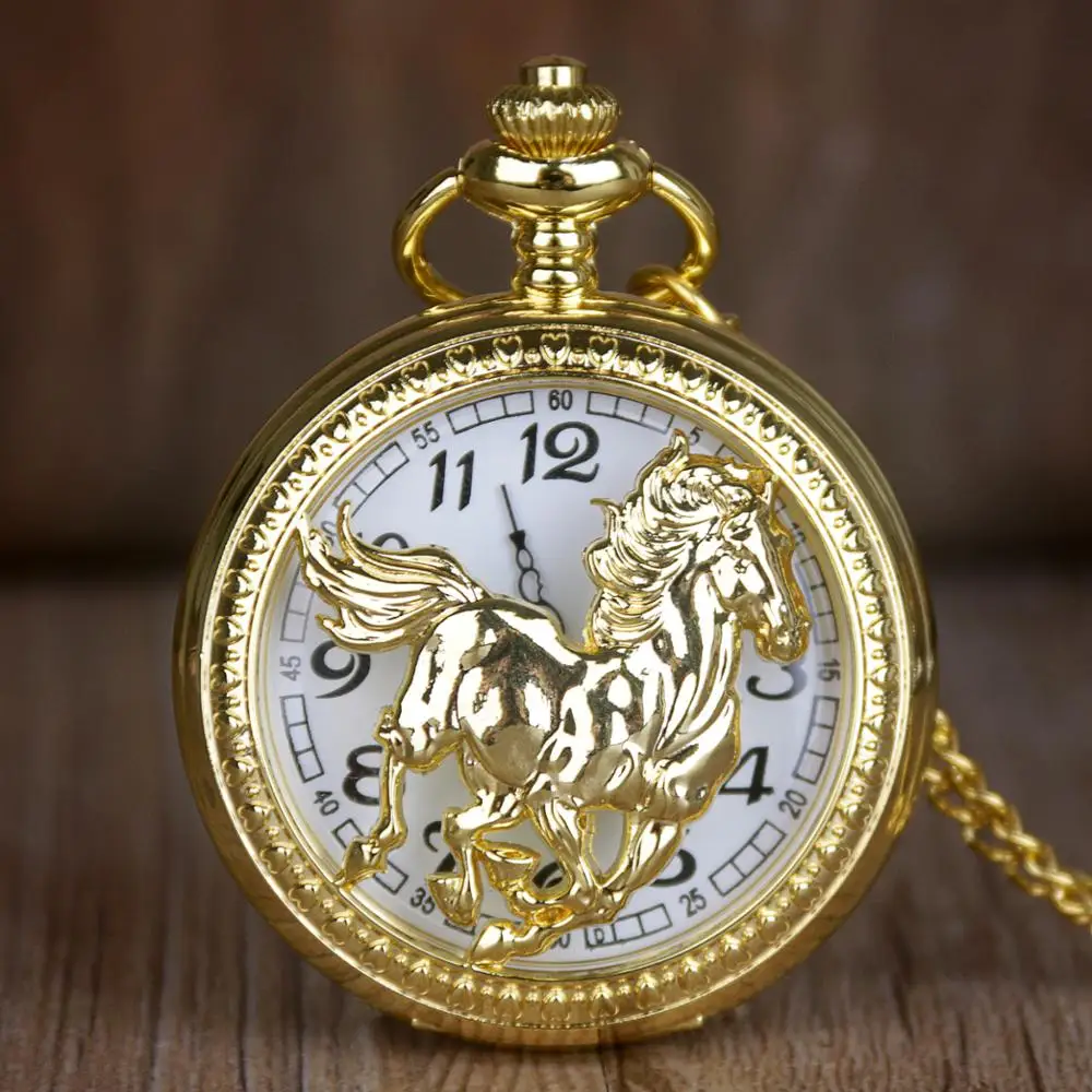 Retro Hollow Golden Horse Quartz Pocket Watches With Necklace Chain Jewelry Gift For Men Women Birtday Christmas |