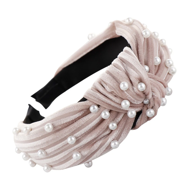 Bohemian Pearl Velvet Braided Headband For Women Rhinestone Knot Hairband Turban Handmade Padded Crown Accessories 1111