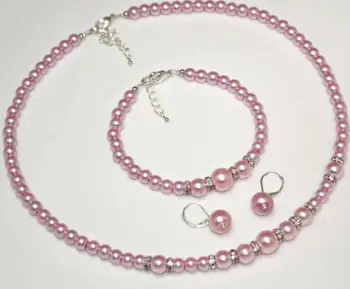 

Light pink pearls Diamante jewellery necklace bracelet set Wedding Bride Prom