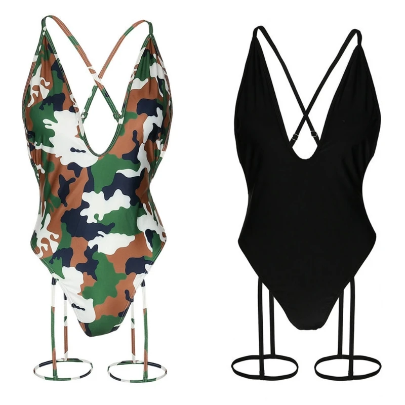 

2024 New Criss for Cross Tie Knot Front Deep V Open Back Swimwear, No Chest Support without Chest Pad, Black/Camouflage
