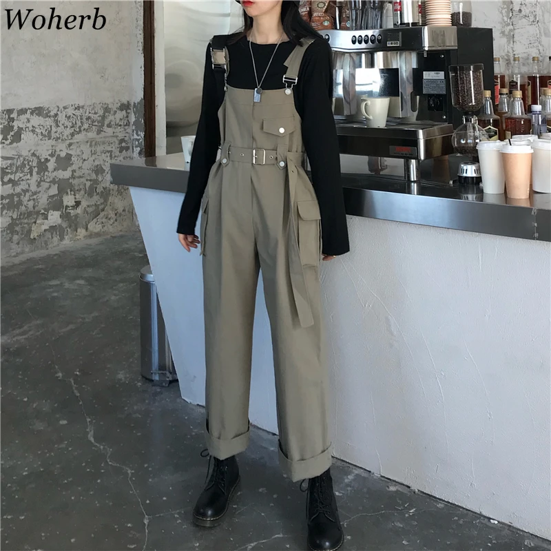 

Woherb Casual Cargo Female Jumpsuits Sash Pocket 2020 Korean Fashion Womens Jumpsuit Romper Chic Spring Summer Ladies Overalls