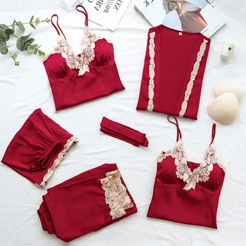 Women Pajama Set Sexy Lace Satin Sleepwear 5 Pieces Summer Spring Fashion Silk Pajamas for Women Robe Sleep Lounge
Women Pajama Set Sexy Lace Satin Sleepwear 5 Pieces Summer Spring Fashion Silk Pajamas for Women Robe Sleep Lounge