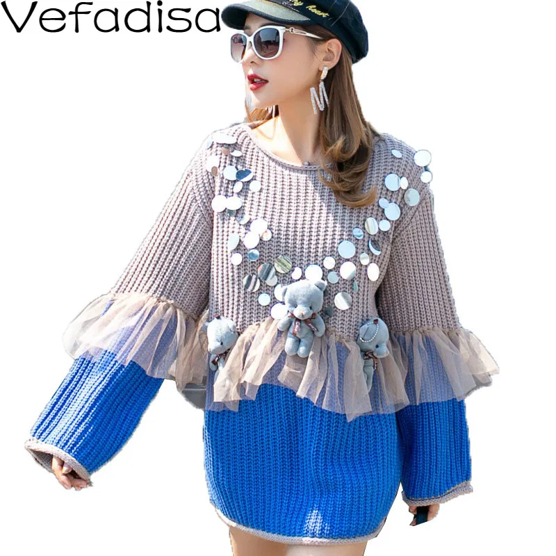 Vefadisa черного и синего цвета из сетчатой ткани кусков женский свитер 2020 осенние