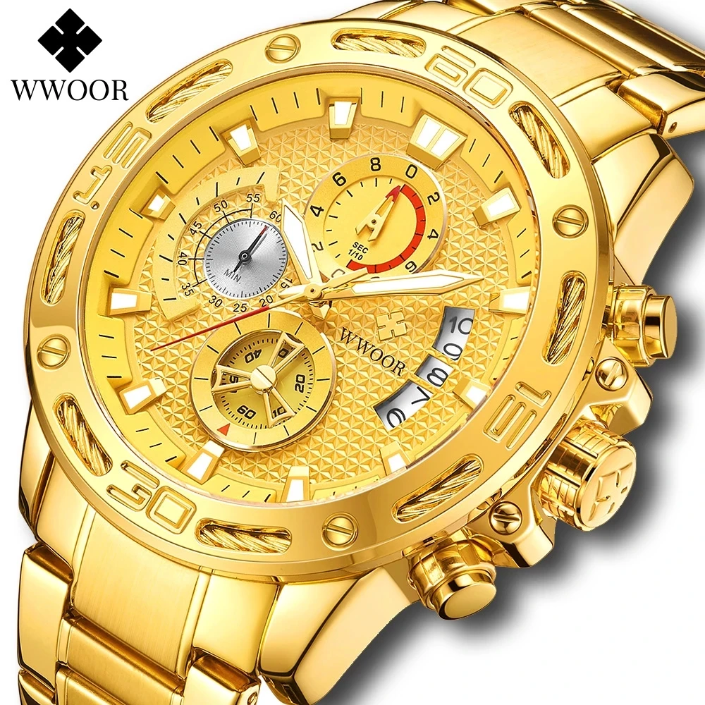 Фото WWOOR мужские часы 2021 Роскошные Водонепроницаемый Хронограф Золотые для мужчин