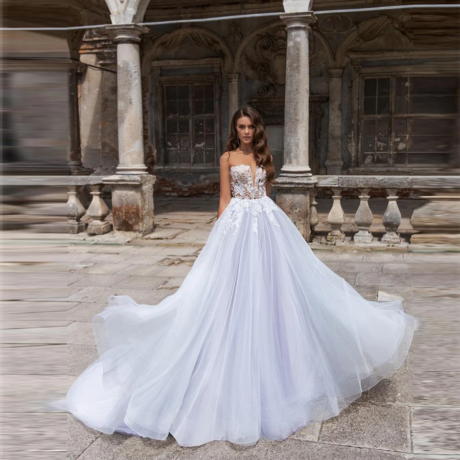 

Sheer O-neck Top Lace Appliqed Bead Tulle Sleeveless A-line Wedding Dresses Vestido De Noiva Wedding Gowns