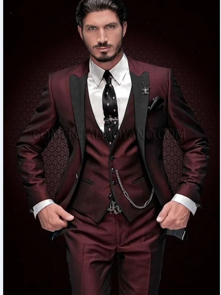 

Custom Made Men Suits Shiny Burgundy Groom Tuxedos Peak Black Lapel Groomsmen Wedding Bridegroom ( Jacket+Pants+Vest+Tie ) D188