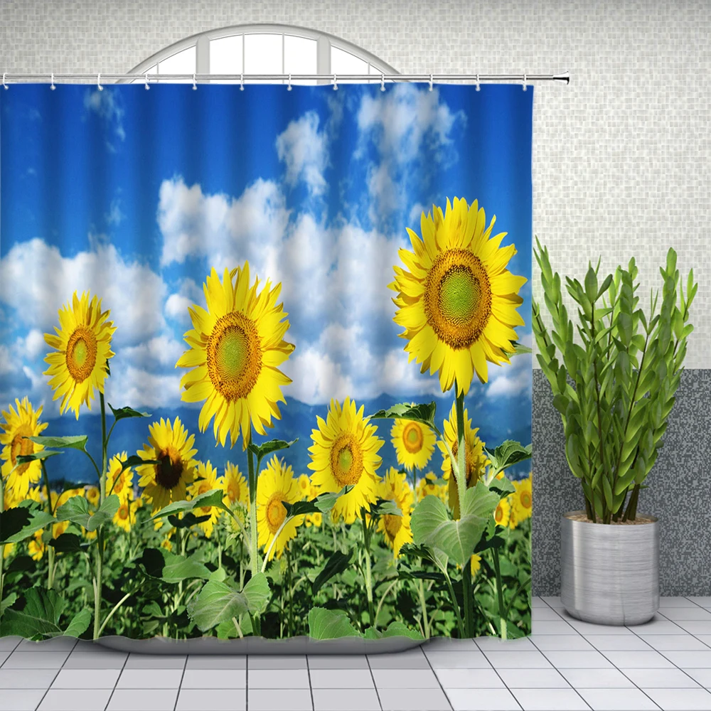 

Sunflower Shower Curtain Spring Water Color Floral Plant Pattern Bathroom Decor Waterproof Polyester Home Bath Cloth Curtain Set