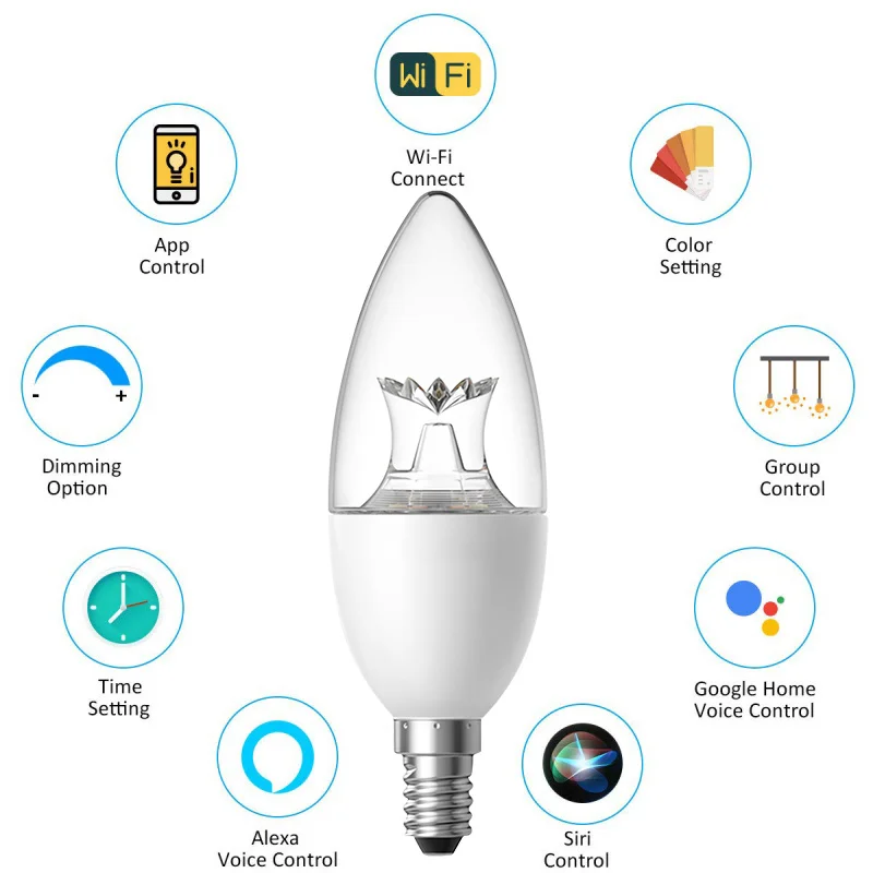 1PC E27/E14 AC85-265V RGB Bulb Smart WiFi Candle Bulb Lamp Dimmable Support Alexa/Google Home/IFTTT Control By Smart Phone APP
1PC E27/E14 AC85-265V RGB Bulb Smart WiFi Candle Bulb Lamp Dimmable Support Alexa/Google Home/IFTTT Control By Smart Phone APP