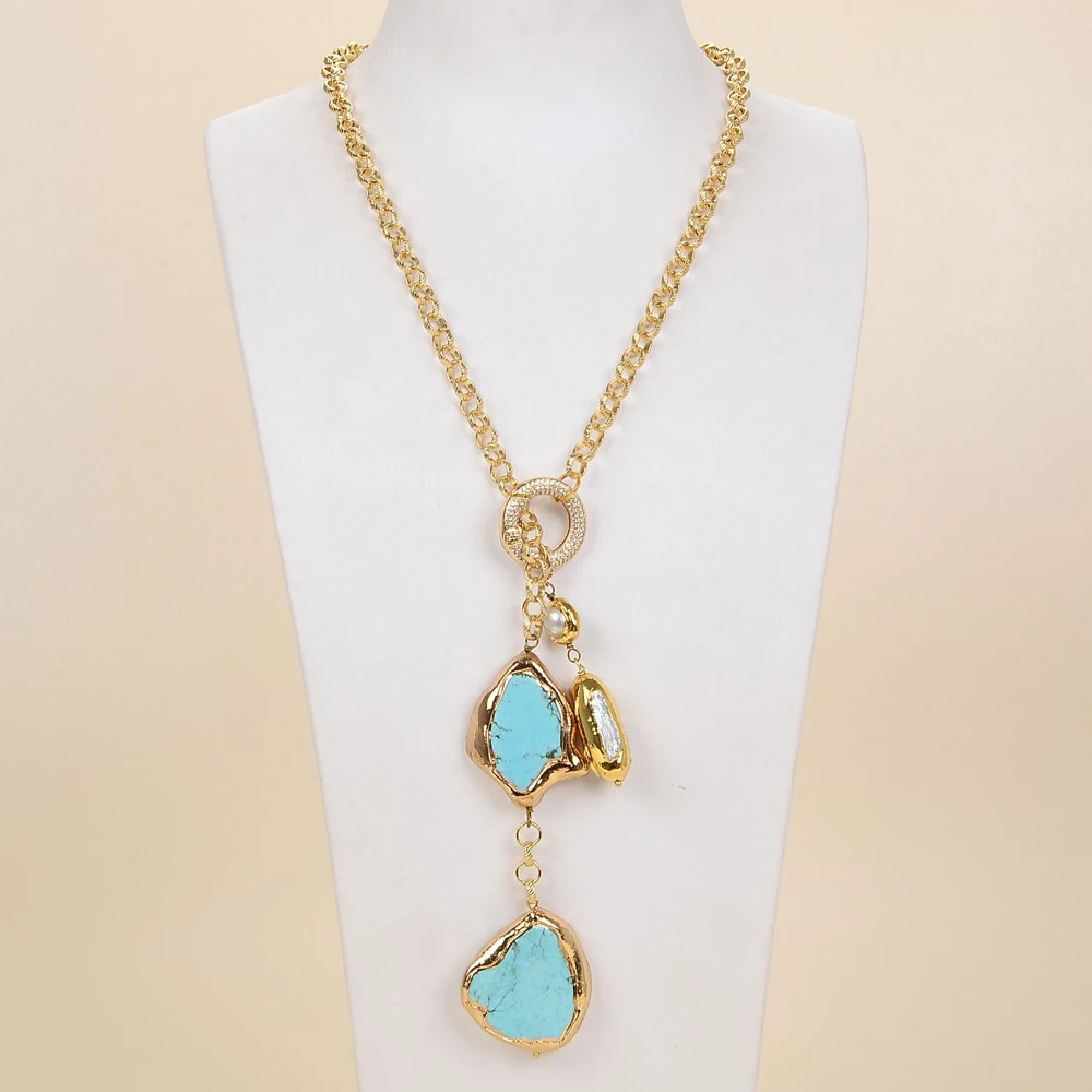 Gold Color Plated Chain Statement Necklace Blue Larimar Freshwater White Keshi Pearl Pendant Necklace For Women
Gold Color Plated Chain Statement Necklace Blue Larimar Freshwater White Keshi Pearl Pendant Necklace For Women