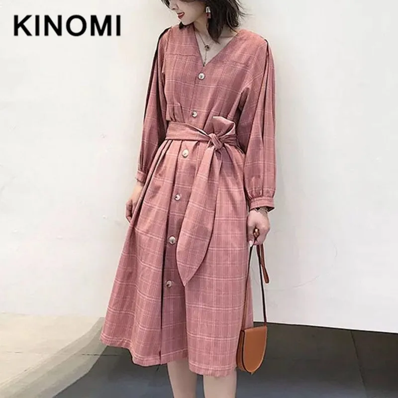 KINOMI осенние женские повседневные клетчатые длинные платья с длинным рукавом