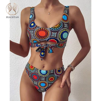 Peachtan Sexy bandeau bikinis 2020 mujer Vintage print swimsuit women Bandage hollow swimwear female High waist bathing suit New 
Peachtan Sexy bandeau bikinis 2020 mujer Vintage print swimsuit women Bandage hollow swimwear female High waist bathing suit New