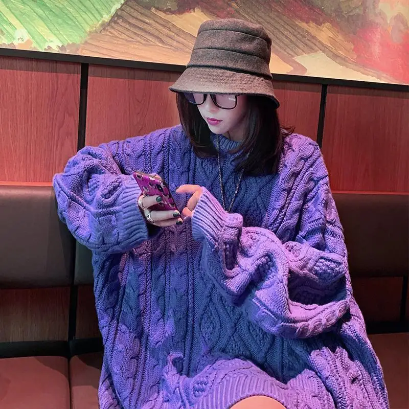 New autumn women's wear European mid long women's loose lazy thick line twist sweater 
New autumn women's wear European mid long women's loose lazy thick line twist sweater