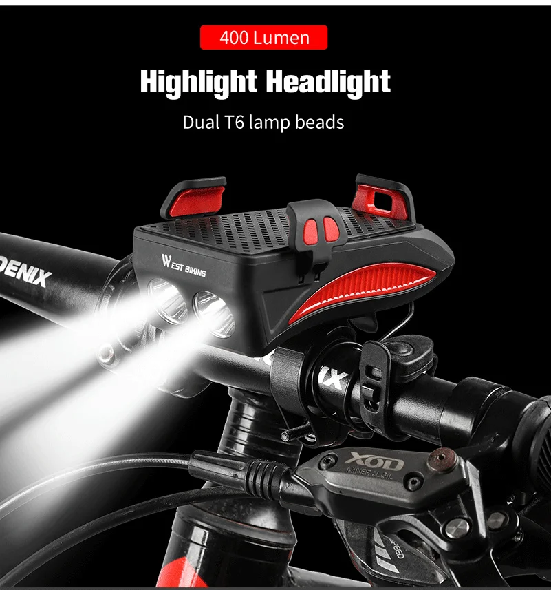 4 In 1 Bicycle Light Flashlight Bike Horn Flashlight For Bicycle Bike Lights USB Power Bank Bike Phone Holder With Charger