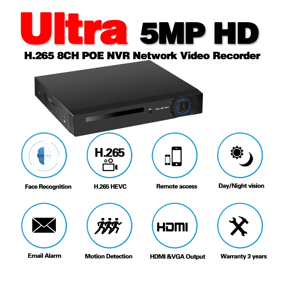 Камера видеонаблюдения HD 8 каналов 5 МП DVR POE NVR распознавание лиц и движения HDMI