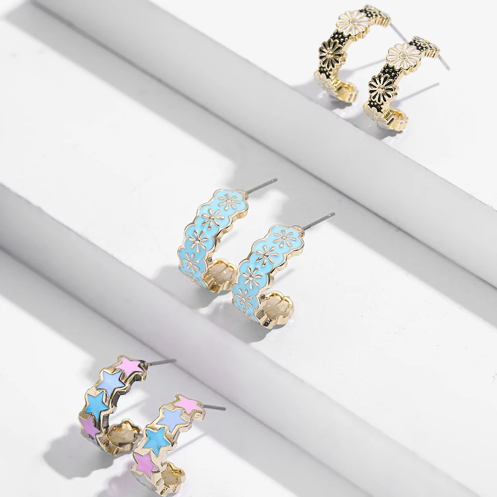 Vintage Circle Geometric Flower Huggie Drop Earrings for Women Bohemian Round Pearl Statement Drop Earrings Party Enamel Jewelry 150