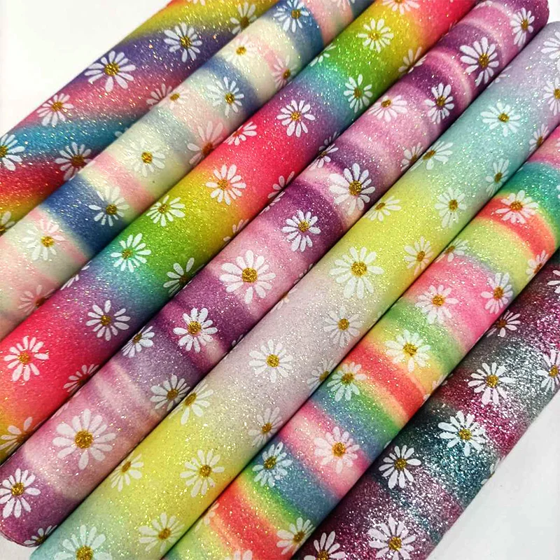 Daisy Flower Colorful Printed Rainbow Iridescent Fine Glitter Faux Leather Fabric Sheet for Shoe/Bag/Decoration/DIY Accessories
Daisy Flower Colorful Printed Rainbow Iridescent Fine Glitter Faux Leather Fabric Sheet for Shoe/Bag/Decoration/DIY Accessories