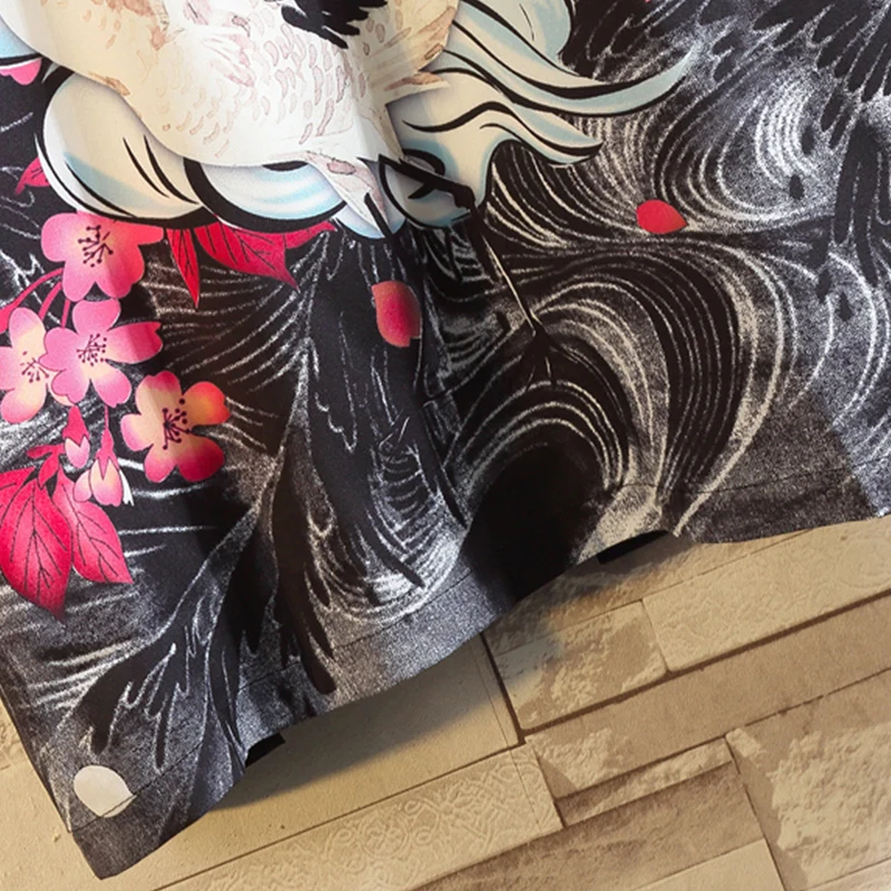 Japan Style Sakura & Crane Printed Kimono Jacket Men Thin Coat Stand Collar 100% Polyester Mens Open Placket Floral Cardigan
