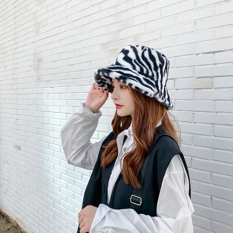 

New fisherman hat zebra stripes female autumn and winter all-match cute pot hat trendy hat plush lamb wool fashion hat