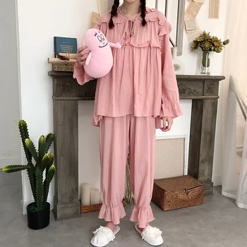 Spring 2020 Korean Sweet Lace Pajamas Loose Casual Pants Teen Girls Student Solid Color Sleepwear Two-piece Sets Preppy Style 
Spring 2020 Korean Sweet Lace Pajamas Loose Casual Pants Teen Girls Student Solid Color Sleepwear Two-piece Sets Preppy Style