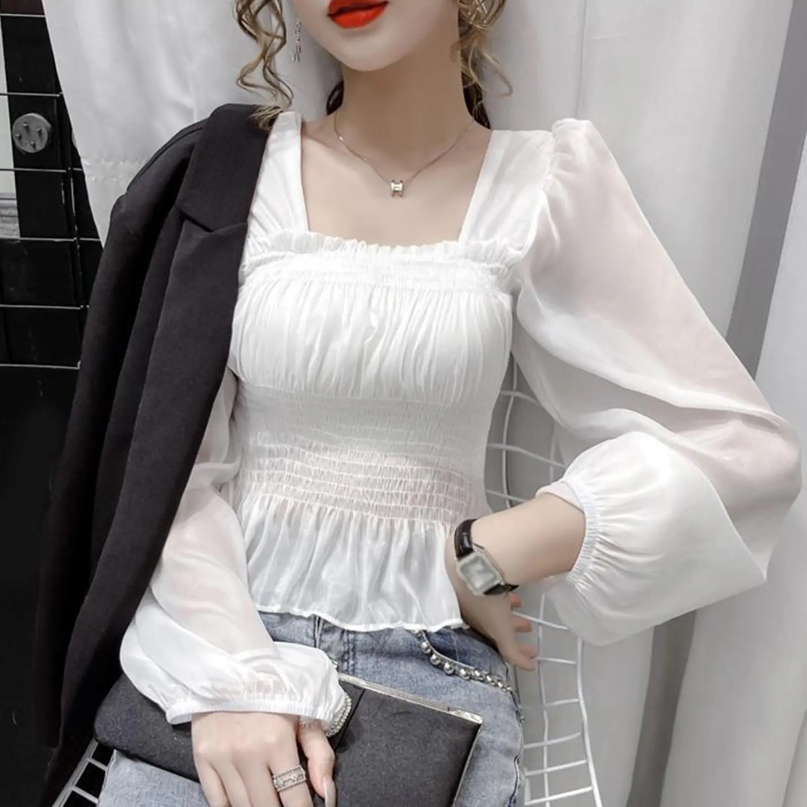 Sexy Shirt Tops Women Long Puff Sleeve Square Neck Waist Tight Chiffon Thin Top Ladies Party Club Wear Elegant Solid Streetwear 
Sexy Shirt Tops Women Long Puff Sleeve Square Neck Waist Tight Chiffon Thin Top Ladies Party Club Wear Elegant Solid Streetwear
