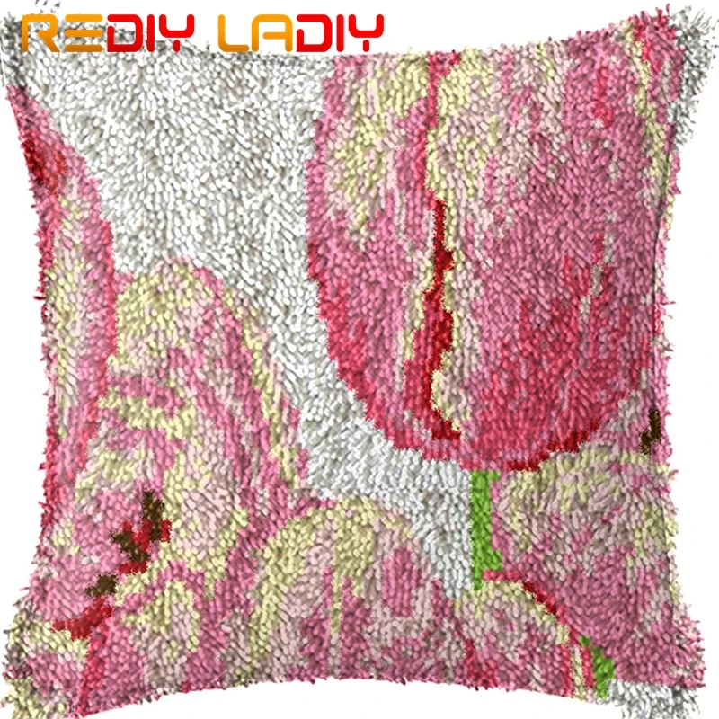 Latch Hook Kits Make Your Own Cushion Pink Tulips Flowers Pre-Printed Canvas Crochet Pillow Case Cover Crafts | Дом и сад