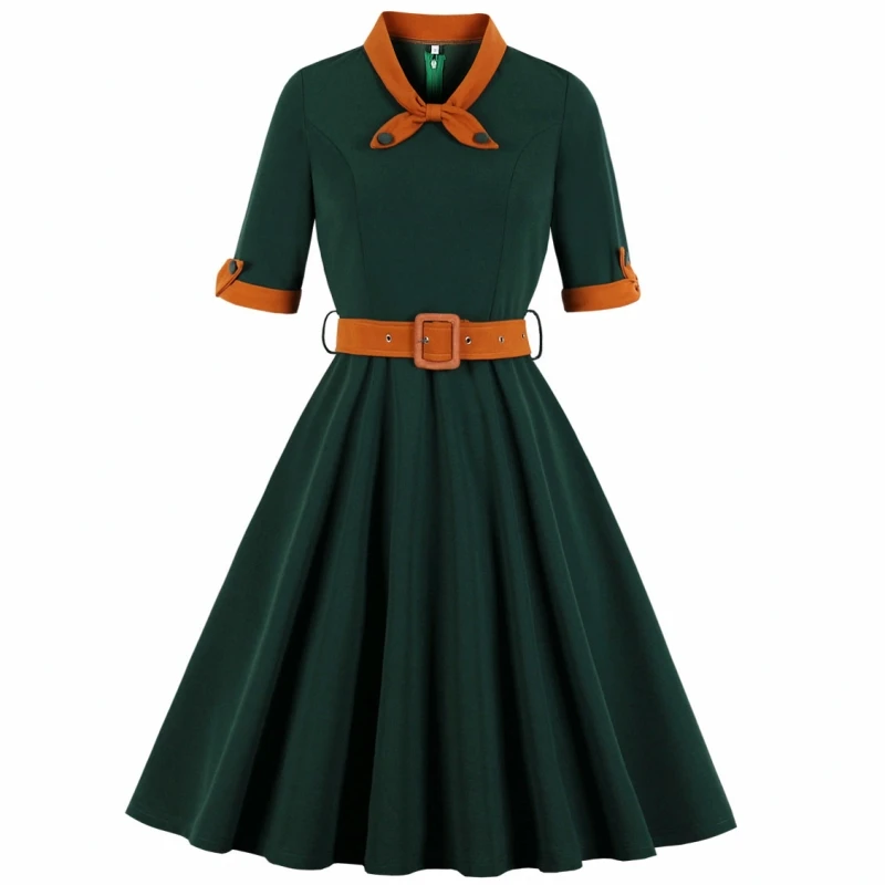 

Autumn O-Neck Half Sleeves Betls 60s Retro Dress Spring Rockabilly Swing Vintage Dress Color Block Party Vestidos Office Dresses
