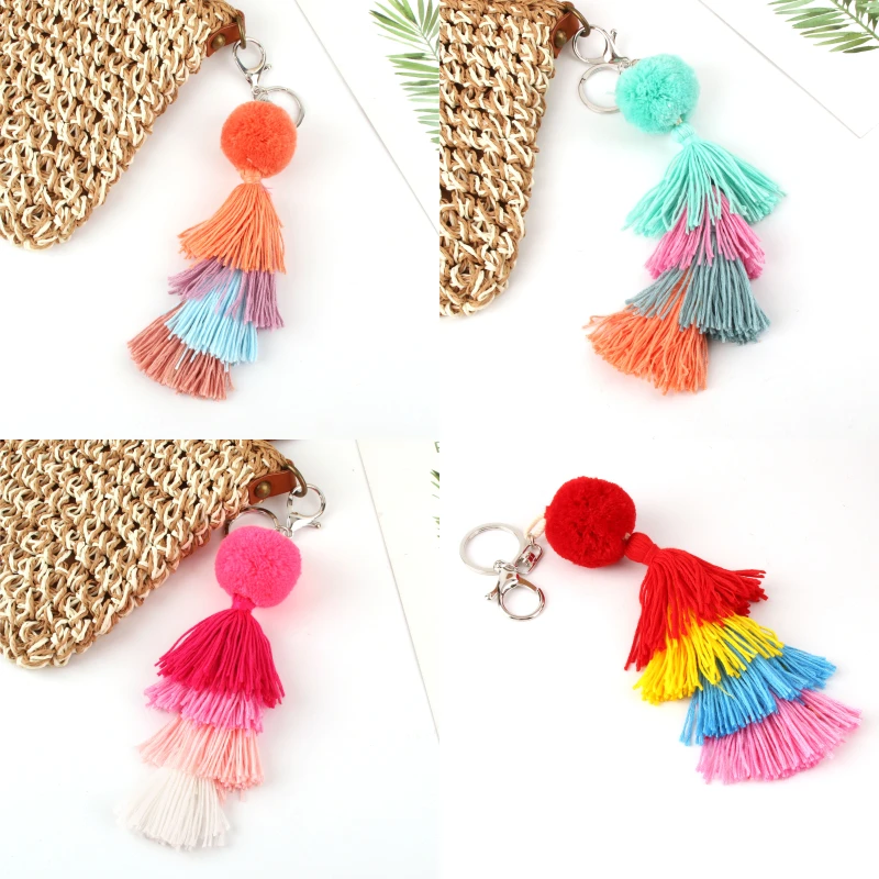 1 Pc Bohemia Handmade Jewelry Pom Bag Charms Summer Multicolor Ball Boho Tassel Keychains For Women Wallet Party | Украшения и