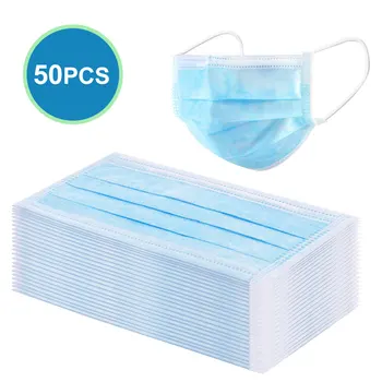50PCS 3-layer Face Masks Elastic Earloop Dustproof Anti-bacteria Disposable Protection for Health Care