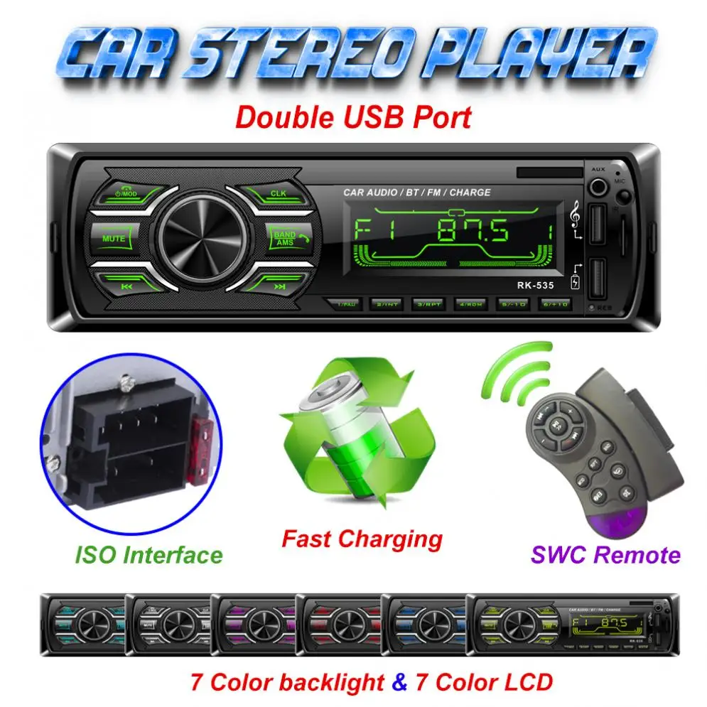 DC 12V 7 Color Backlight Bluetooth Car Stereo MP3 Player Dual USB Port Support ISO Interface and Fast Charging with SWC Remote
DC 12V 7 Color Backlight Bluetooth Car Stereo MP3 Player Dual USB Port Support ISO Interface and Fast Charging with SWC Remote