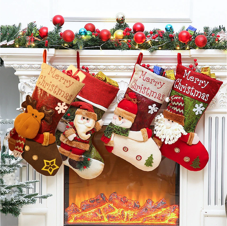 

Large Christmas Stocking Snowman Santa Elk Kid Candy Gift Bag Sock Fireplace Decor Xmas Christmas Tree Ornaments Holder New Year