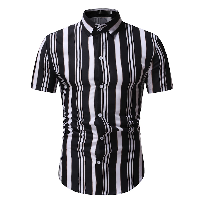 

TIMESUNION 2020 Spring Summer Casual Men's Shirt Cotton Short Sleeve Striped Slim Fit Stand Collar Shirts For Men