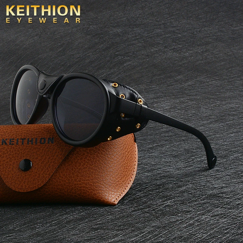 Фото Мужские и женские солнцезащитные очки KEITHION черные круглые в стиле стимпанк из